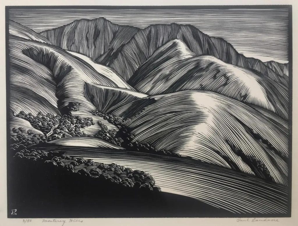 Wood engraving featuring hills and mountains receding into distance. Entitled "Monterey Hills" by Paul Landacre