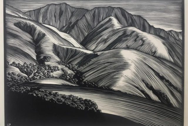 Wood engraving featuring hills and mountains receding into distance. Entitled "Monterey Hills" by Paul Landacre