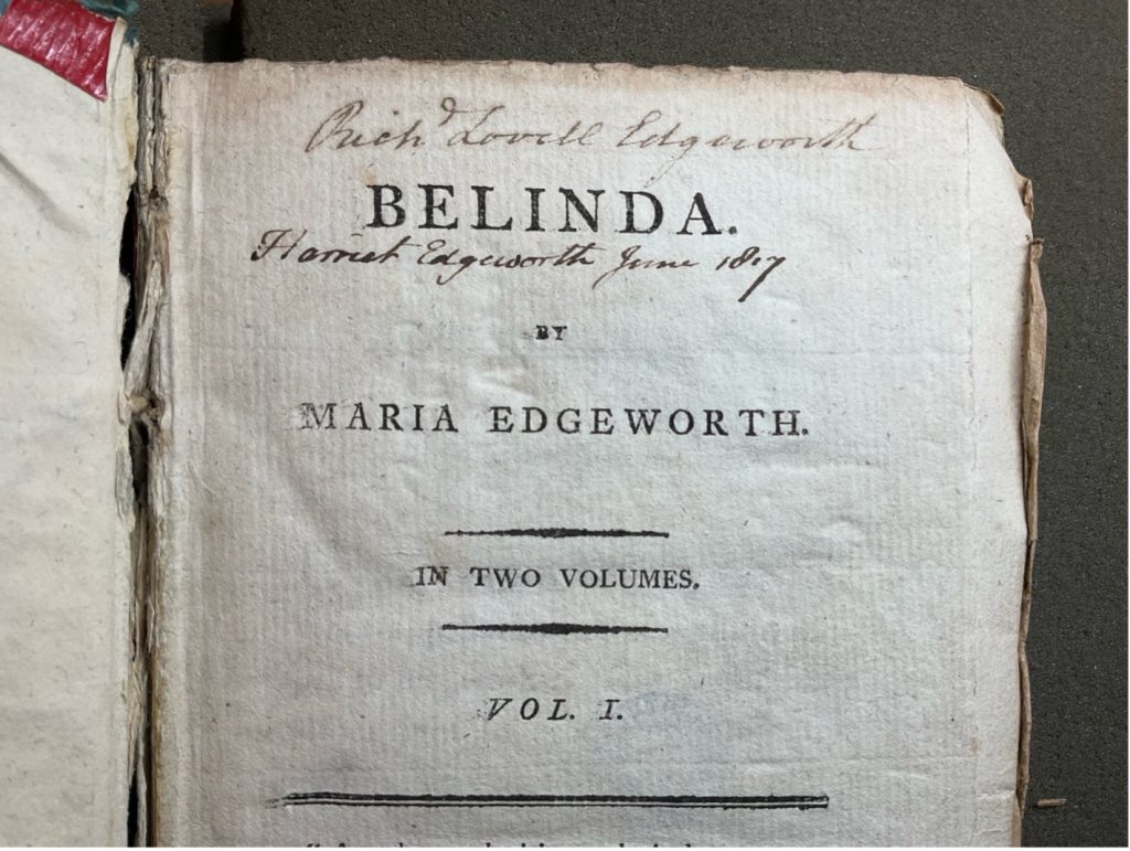 Title Page of Richard Lovell Edgeworth’s copy of Belinda by Maria Edgeworth 