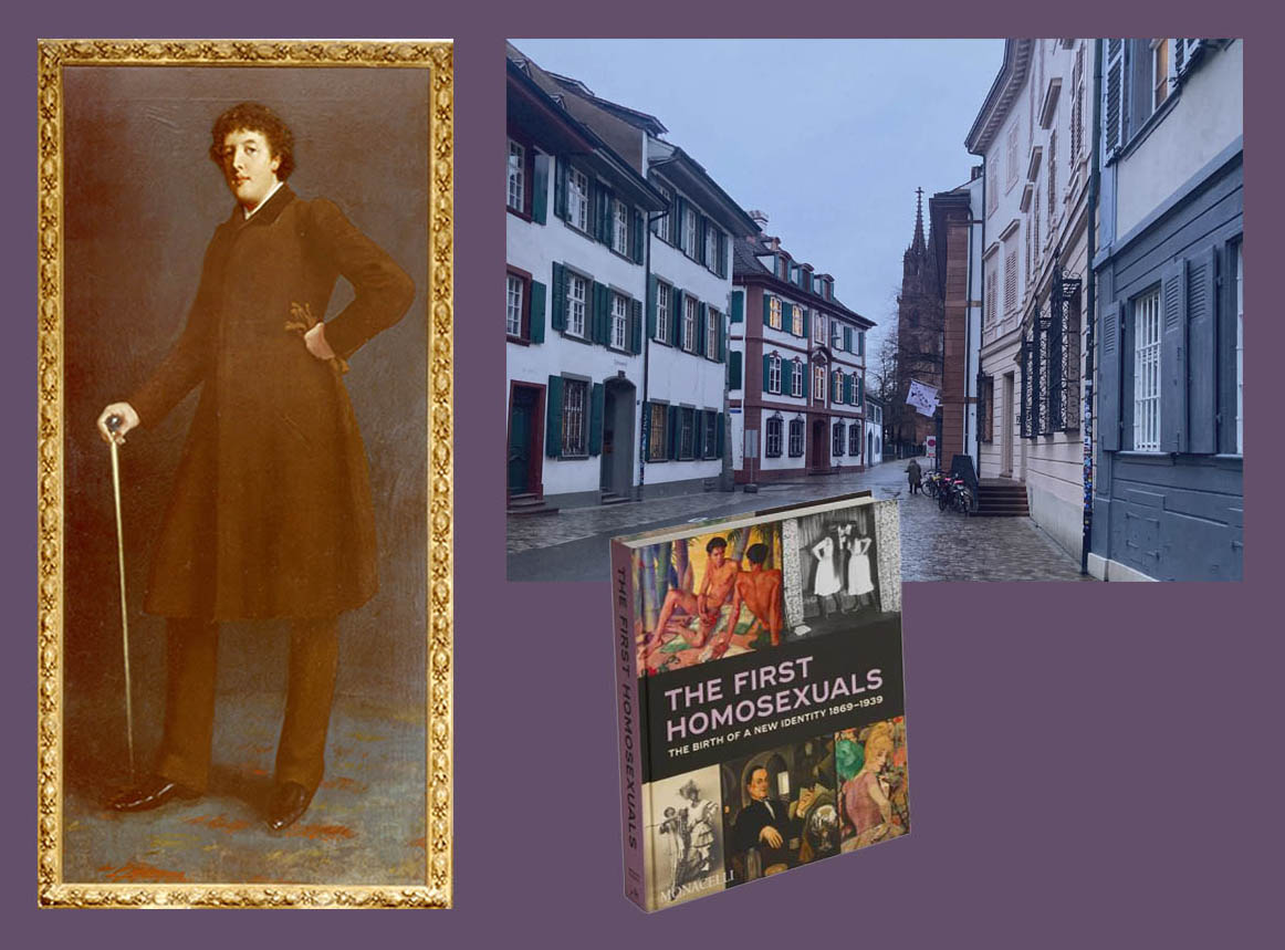 Three photos; Oscar Wilde portrait, Street in Basel, Switzerland, book cover, "The First Homosexuals".