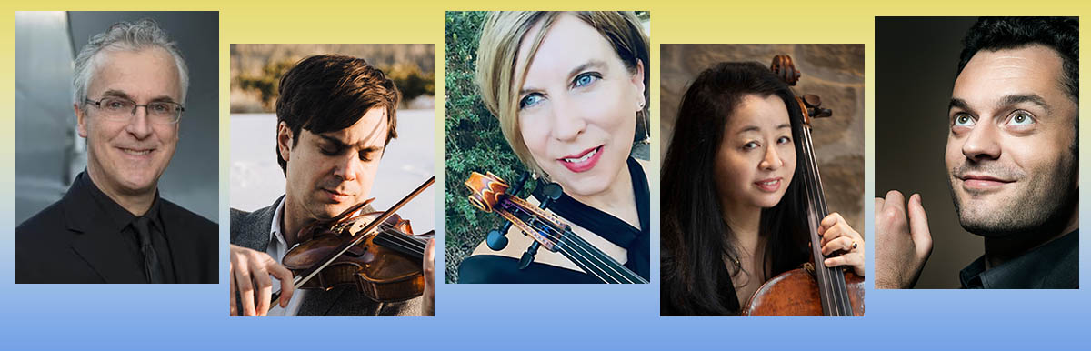 Photograph of five musicians in a yellow and blue background.