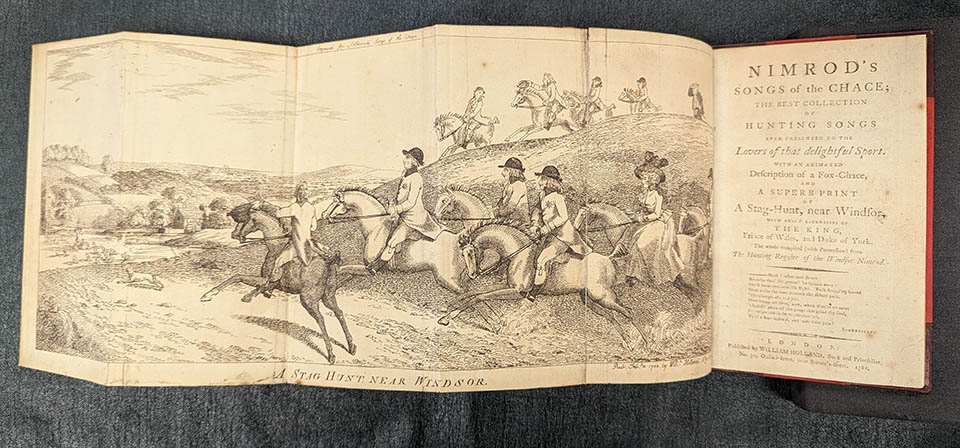 Sepia drawing of an English hunting event.